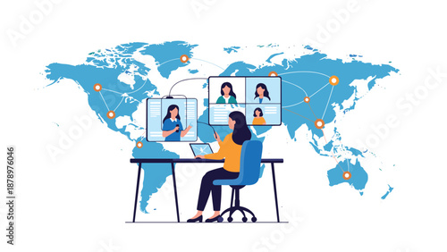 Professional woman works on her laptop at a desk with a world map and video conference screens depicting global connectivity and remote work.