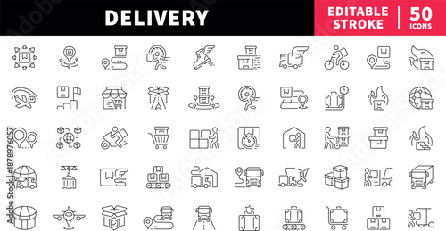 Delivery editable line icons set for shipping and courier services