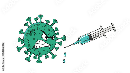 Illustration depicts a green angry virus monster being poked by a medical syringe representing vaccination and the fight against infections.