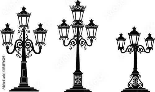 Vintage street lamp silhouettes illustration, classic decorative lantern light posts, elegant outdoor lighting design, black vector set collection