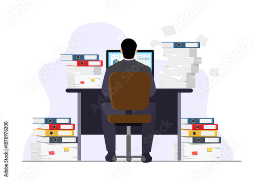Hardworking Businessman Overwhelmed with Paperwork Stock Illustration
