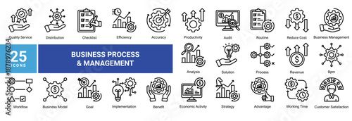 Business Process & Management icon set featuring workflow,efficiency,productivity,strategy,analysis,performance,and operational business management concepts.