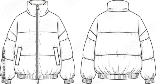 Winter puffer jacket CAD drawing, flat vector illustration, front and back view mockup isolated on white background for apparel design, fashion branding