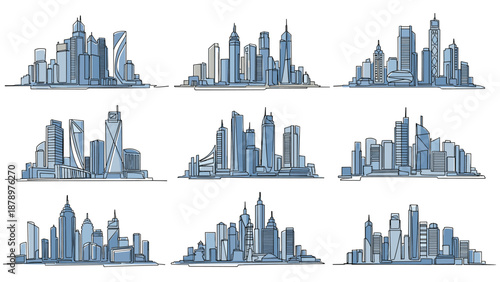 Collection of nine different city skyline sketches in blue tones showcases various architectural styles and urban landscapes for graphic design.