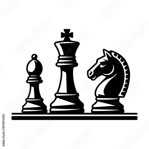 A black chess queen stands with a king and pieces on the board in a strategic game of power and business competition representing a challenging battle of leisure and sport