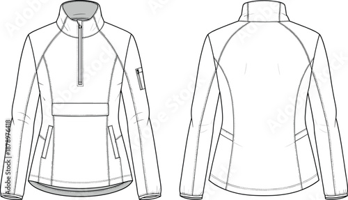 Technical jacket CAD drawing, flat vector illustration, front and back view mockup isolated on white background for apparel design, outdoor fashion branding, clothing development