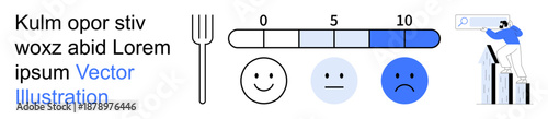 User feedback, survey analysis, data evaluation, customer support, business growth, decision-making. A rating scale with happy faces and a person analyzing growth data. User feedback and survey