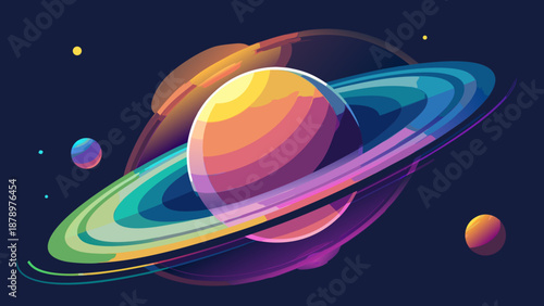 Cosmic Gradient Saturn Rings with Orbital Halos - AI-generated illustration