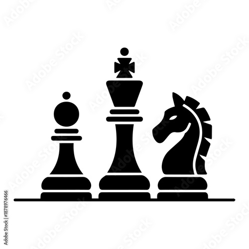 A strategic arrangement of black chess pieces including the queen and king dominates the board, symbolizing a powerful concept of business success and competitive battle in this classic game of strate