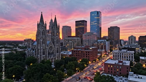 City skyline silhouette at sunset with tower and building architecture
