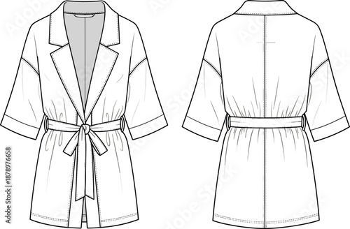 Women belted robe CAD drawing, front and back view flat vector illustration isolated on white background for apparel design, fashion branding, clothing development