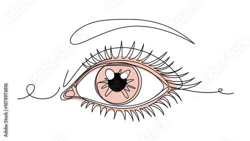 Artistic continuous line drawing of a human eye featuring long eyelashes and a soft pink colored iris in a minimalist contemporary style.