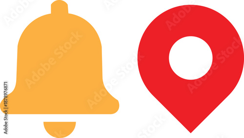 A golden notification bell icon next to a red location pin icon on a white background, representing alerts and places.