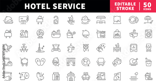 Hotel service editable line icons set. hospitality and accommodation symbols