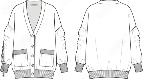 Women cardigan sweater CAD drawing, flat vector illustration, front and back view technical fashion sketch, button up knitwear design isolated on white background