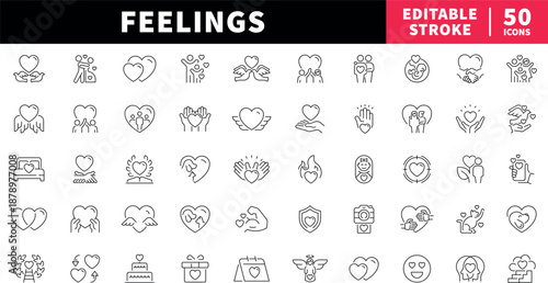 Feelings editable line icons set. emotions and heart symbols