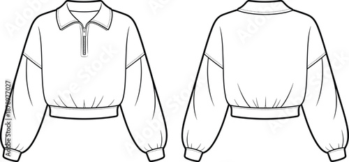 Women cropped sweatshirt CAD drawing, flat vector illustration, front and back view technical fashion sketch, long sleeve pullover design isolated on white background