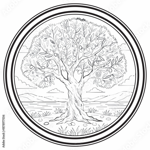 Olive tree coloring book page design.