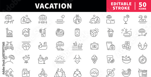 Vacation editable line icons set. holiday and travel symbols