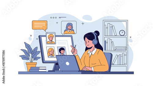 Professional woman using a headset while participating in an online video meeting on a laptop and desktop computer in her home office.