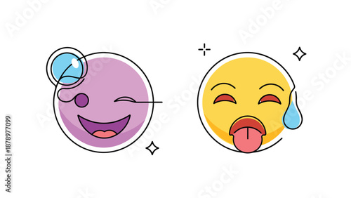 Playful pair of colorful emoji icons featuring a winking pink face and an exhausted yellow face with its tongue out and a sweat drop.