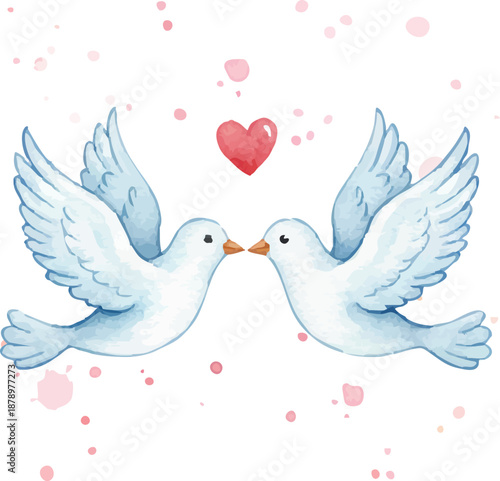 Watercolor Pair of White Doves Kissing with Red Heart Valentine's Day Illustration