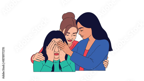 Emotional illustration of three diverse women offering support and comforting a friend who is crying and covering her face with her hands.