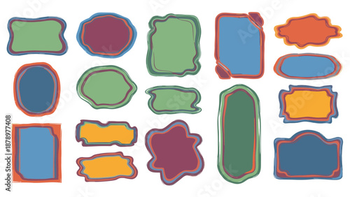 Large assortment of colorful organic and hand drawn frames in various shapes and sizes with irregular borders for creative design projects.
