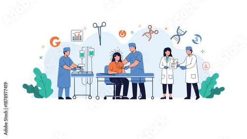 Detailed medical scene of a surgical or medical team working together in a hospital room with equipment and symbolic health icons.