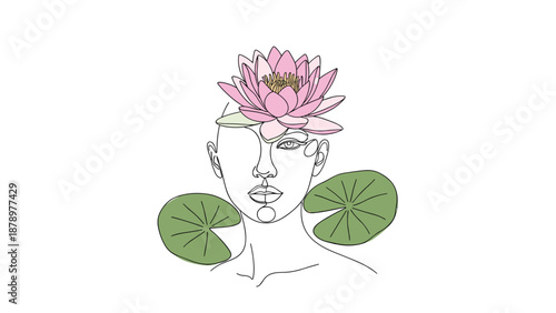 Artistic continuous line drawing of a woman's face combined with a blooming pink lotus flower and green lily pads for a serene natural look.