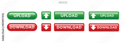 red and green color Download upload vector button collection featuring file transfer icons illustration