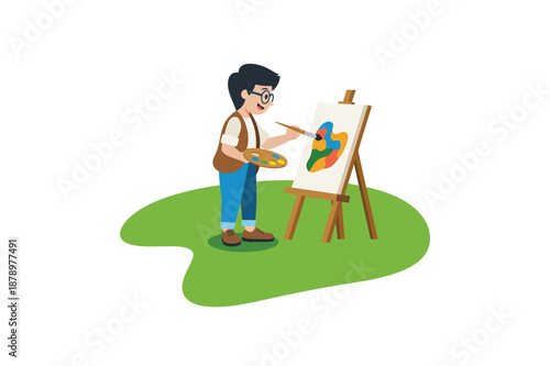 A man painting on an easel outdoors with a palette artist brush outdoor