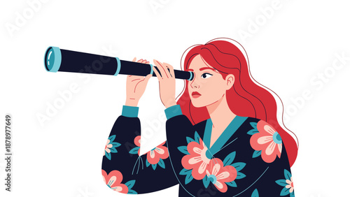 Curious woman with red hair wearing a floral shirt and looking through a long black telescope towards the future or distant goals.