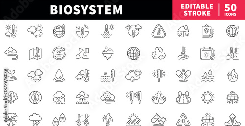 BIO system editable line icons set. Climate and weather elements