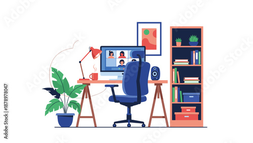 Modern home office workspace features a desk with a computer displaying a video conference call, a bookshelf, and an indoor plant for comfort.