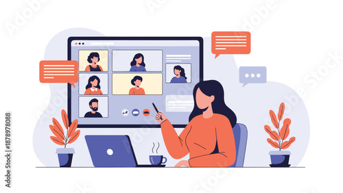 Woman participates in a video conference call on her laptop with several colleagues shown on a large monitor in a home office setting.