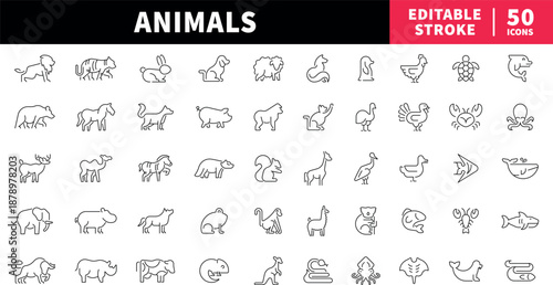 Animals editable line icons set. wildlife and nature symbols in outline style