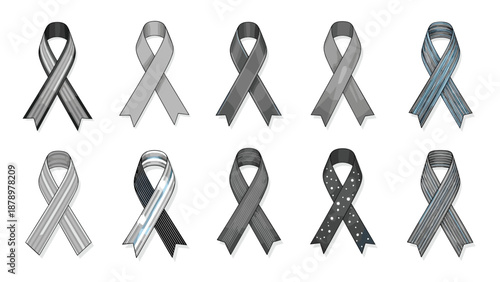 Diverse set of awareness ribbons features various grayscale shades and patterns including stripes and dots for charitable and social causes.