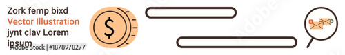 Payment systems, economic transactions, digital wallets, business finance, financial flow, online shopping. A dollar coin, text bars and payment icon. Payment systems and economic transactions