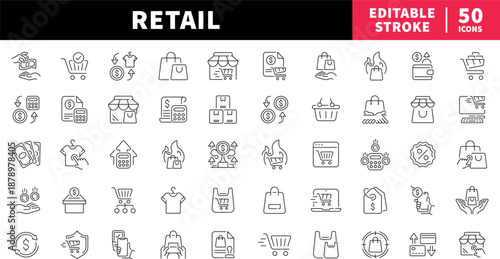 Retail editable line icons set. shopping and commerce symbols