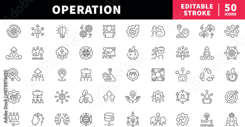 Operation editable line icons set. management and process symbols