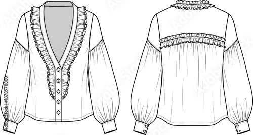 Women ruffled blouse CAD drawing, flat vector illustration, front and back view mockup isolated on white background for apparel design, fashion branding, technical clothing development