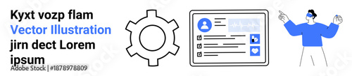 Gear cog symbolizing process, user profile interface with details and actions, character gesturing openly. Ideal for user interface design, teamwork, data interaction, digital identities, workflow