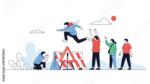 Brave professional jumping over a caution barrier while a supportive team of coworkers watches and cheers for their ultimate success.