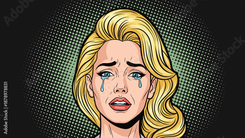 Sad blonde woman with tears running down her face depicted in a classic pop art comic book style with a dotted halftone background.