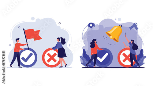 Professionals selecting right and wrong options using check and cross marks to symbolize decision making and feedback processes.