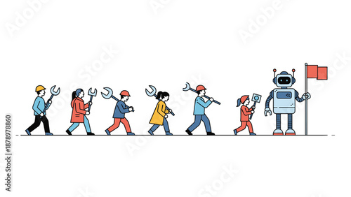 Row of industrial workers carrying large wrenches followed by an advanced robot holding a flag to represent automation in labor.