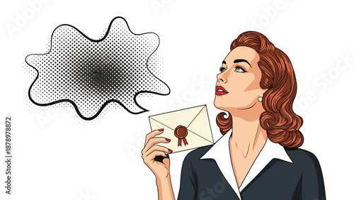 Elegant pop art style woman holding a sealed white envelope with a red wax stamp while looking thoughtfully at a speech bubble.