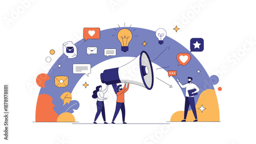 Marketing team using a giant megaphone to spread information and social media engagement symbols in a colorful flat illustration.