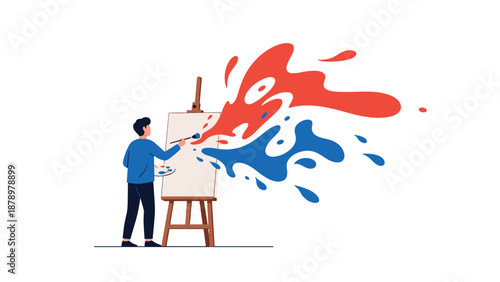 Creative male artist painting vibrant red and blue abstract splashes on a canvas set on a wooden easel in a clean illustration.